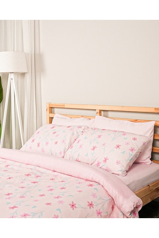 Angel Pamuklu Çift Kişilik Çiçekli Nevresim Seti Lastikli Çarşaflı 200x220 Cm Pembe