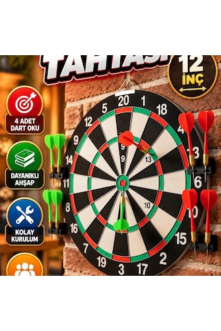12 İnç Ahşap Dart Tahtası 4 Metal Uçlu Dart Oku İle Kolay Kurulum