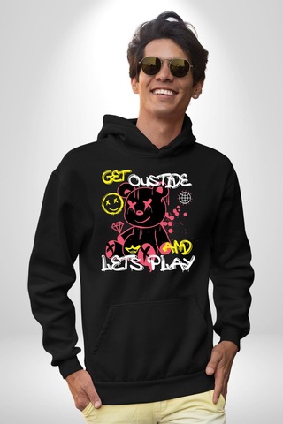 Dışarı Çık Ve Oynayalım Teddy Kadın Erkek Siyah Kapüşonlu Sweatshirt Hoodie Siyah