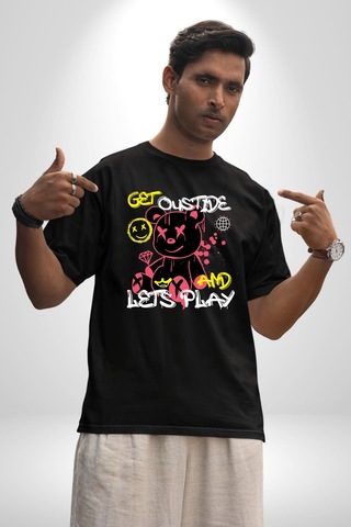 Dışarı Çık Ve Oynayalım Teddy Pamuklu Bisiklet Yaka Unisex Oversize Boyfriend Dijital Baskılı Siyah T-shirt Siyah