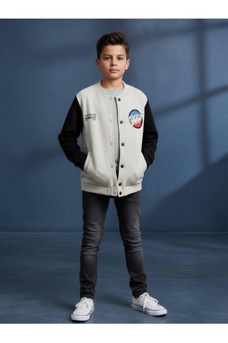 Zekids Erkek Çocuk Enjoy Play Yazılı Şardonlu Kolej Hırkası-16652 Taş