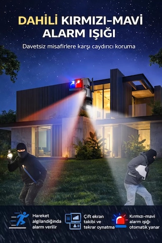 Sw-318 Dual Lens 6mp Wifi Güvenlik Kamerası Gece Görüşlü Hareketli Sesli Çakarlı Alarm Akıllı Kamera