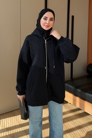 Balenbi Kadın 3 İplik İçi Polarlı Kapüşonlu Tesettür Basic Sweat Hırka 395 Siyah