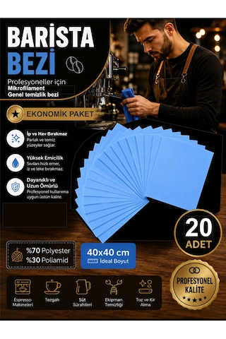 Profesyonel Mikrofilament Mavi Barista Genel Temizlik Bezi 40 40cm 20'li Paket Profesyonel Mikrofilament Mavi Barista Genel Temizlik Bezi 40 40cm 20'li Paket
