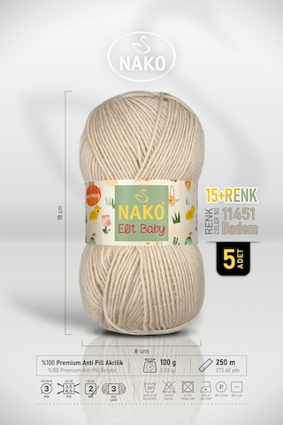 Elit Baby - 11451 Badem - 5'li Paket - 100gr/250m - Bebek İpi - Anti Pilling Tüylenmez İp