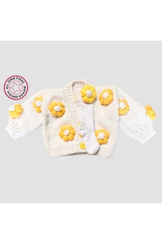 Uretti - Gülnur 2184 - El Örgüsü Çiçek Motifli Çoraplı Kız Çocuk Hırka 3 Yaş - Beyaz Beyaz