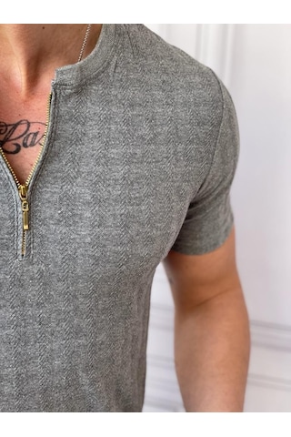 Modefendi Slim Fit Sıfır Yaka Fermuar Detaylı Triko Tshırt Gri