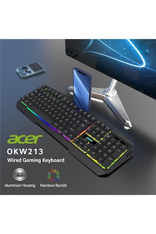 Acer Okw213 Siyah Rgb Rainbow Backlit Gaming Keyboard Rainbow Kablo Uzunluğu 1,5mt