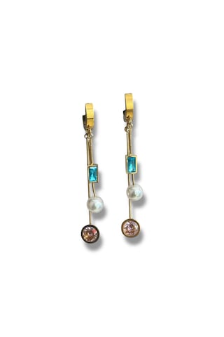 Kırmızı Sanat Evi Pembe Ve Mavi Taşlı Sallantılı Çelik Küpe