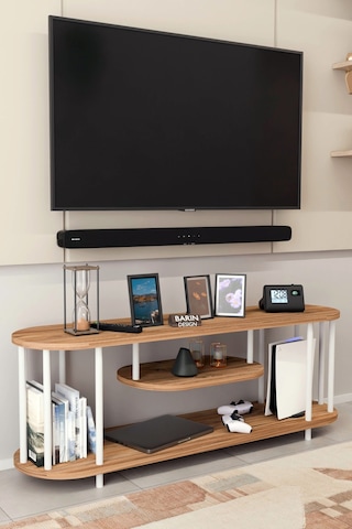 Modern Tv Ünitesi Ahşap Raflı 2 Katlı Televizyon Sehpası Minimalist,dayanıklı, Tv Standı Beyaz Demir Atlantik Çam