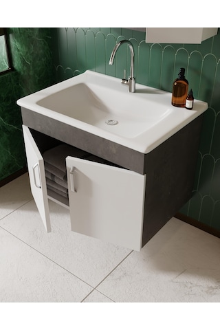Karen Banyo Gümüş 65 Cm Lavabolu Banyo Dolabı Retro Gümüş-beyaz Lavabo Dahil Gümüş