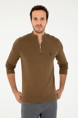 U.S. Polo Assn. Erkek Slim Fit Yarım Fermuarlı Haki Basic Kazak 50293517-VR027