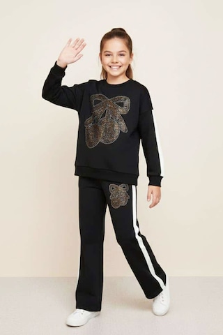 Kız Çocuk Taş İşlemeli Kiraz Ve Fiyonk Desenli-2 İplik-alt-üst Takım-5-12 Yaş 12445 Siyah