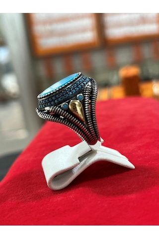 Firuze Gümüş Oval Model Mavi Taşlı Yöresel Otantik Gümüş Yüzük F1