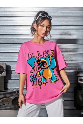 Noıssey Karikatür Ve Grafik Tasarım Oversize T-shirt Cartoon/letter Serisi Kod762 Pembe