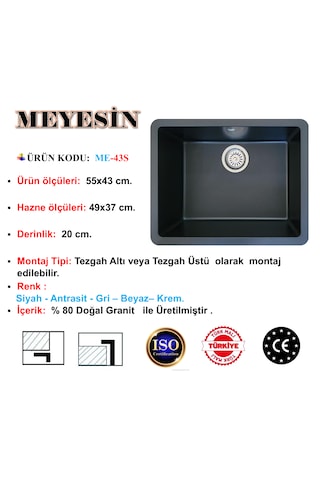 Meyesin ME-43S Tezgah Altı Granit Mutfak Eviyesi Siyah 43 x 55 CM