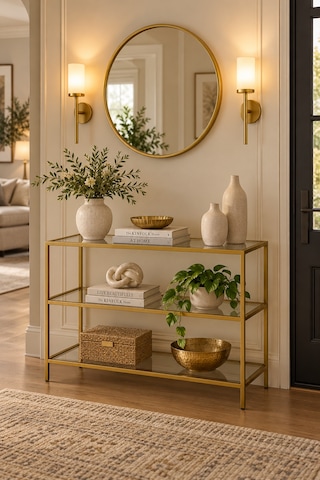 Teknor Şeffaf Camlı Gold Metal Salon Konsol Ünitesi 100cm