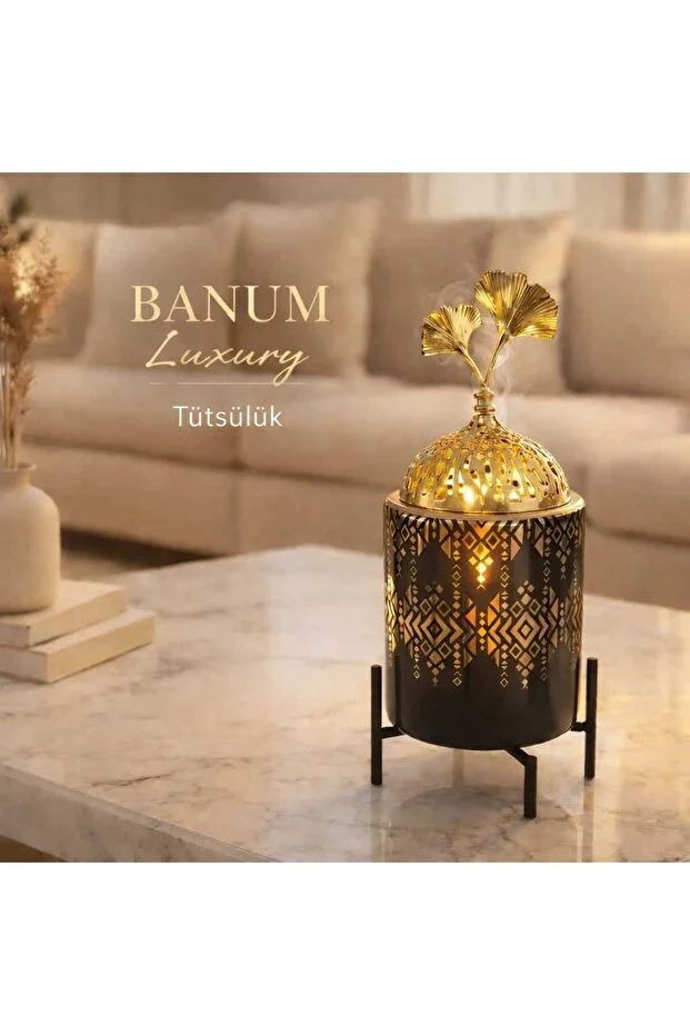Banum Luxury Lüx Standlı Siyah Altın Desenlı Ev Ve Ofıs İçin Dekorativ Tütsülük