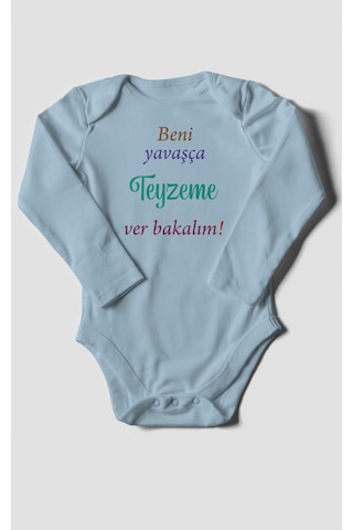 Beni Yavaşça Teyzeme Ver Bakalım Baskılı Bebek Zıbını Çıtçıtlı Body %100 Pamuk Uzun Kol Bebe Mavisi