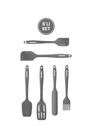 Silikon Mutfak Seti 6 Lı, Isıya Dayanıklı Yanmaz Yapışmaz Silikon Spatula Seti 6 Parça Gri Gri