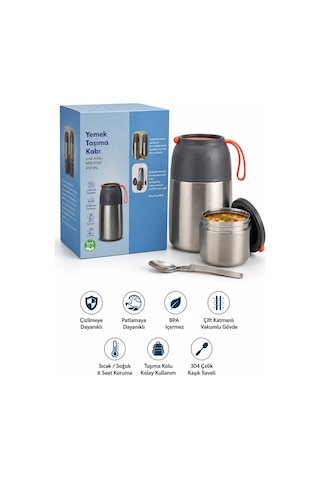 450 Ml Paslanmaz Çelik Sızdırmaz Termos Yemek Taşıma Kabı / Sefer Tası Beslenme Kutusu Çelik Rengi