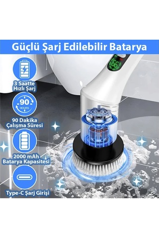 Şarjlı Döner Başlıklı Temizleme Fırçası Ovma Fırçası Saplı Temizlik Fırçası Lavabo Yağ Çözücü