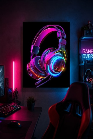 Gaming Kulaklık Metal Duvar Tablosu Neon Oyuncu Odası Dekoru 30x40 Cm A3 Boyutunda