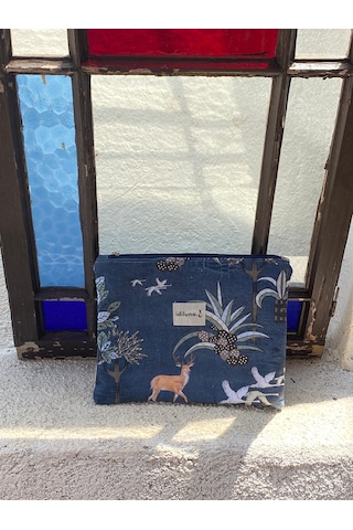 İdiluna Orman Desenli Fermuarlı Çok Amaçlı Clutch / Tablet Kılıfı Lacivert Yeşil Kahverengi