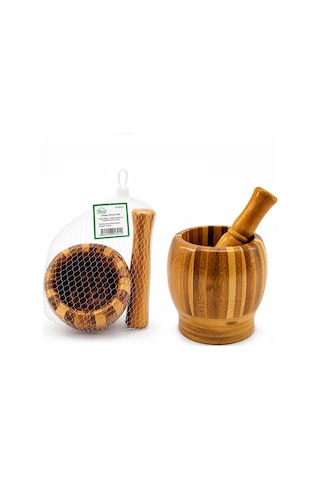 Ahşap Bambu - Çizgili Havan Sarımsak Dövecek Ç: 8cm--d: 7cm--y:10.5cm Fileli Ambalaj 5570