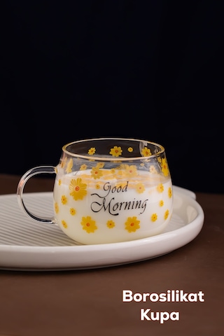 Porsima 2089 Borosilikat Isıya Ateşe Dayanıklı Cam Kulplu Çay Bardağı Kahve Bardak Kupa Sarı 400 Ml Şeffaf