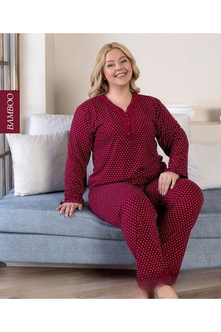 Derya Kadın Büyük Beden Dantel Yaka Bambu Uzun Kol İnce Pijama Takımı 8110b - 1 Adet Bordo