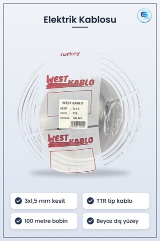 Elektrik Kablosu 3x1,5 Mm Ttr 100 Metre Bobin Beyaz Ev Tesisatı İ