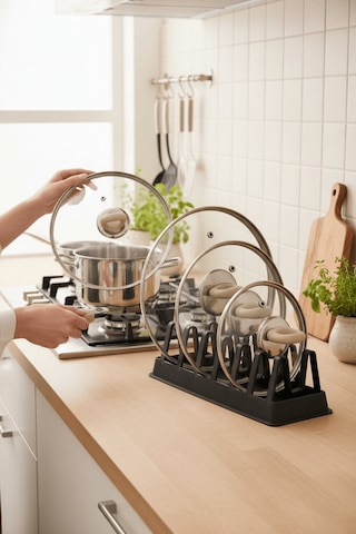 2 Adet 6 Bölmeli Siyah Tabak Tencere Kapak Düzenleyici Organizer Mıt1310 Siyah