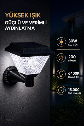 Astec Kristal Solar Led Duvar Aplik 30w 6400k Beyaz Işık Ip64 Dış Mekân Bahçe Duvar Aydınlatma Prizmatik