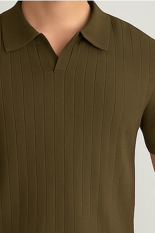 Tarz Cool Erkek Mat Haki Slim Fit Fitilli Polo Yaka Triko T-shirt Mat Haki