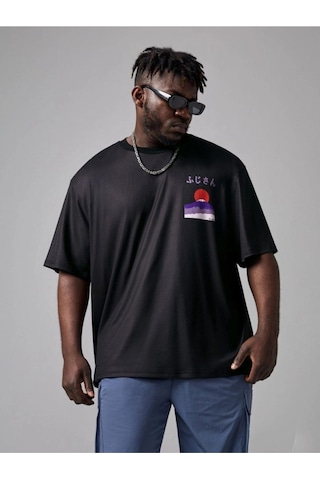 Erkek Siyah Oversize Dağ Baskılı T-shirt Siyah-68486