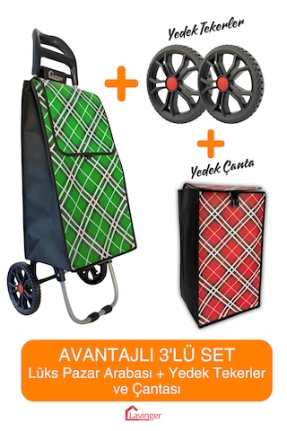 Pazar Arabası Plus Avantajlı 3' Lü Set Pazar Arabası + Yedek Tekeri + Yedek Çantası. Yeşil