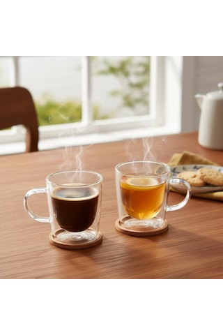 2'li Çift Cidarlı Kulplu Cam Fincan Seti - 100 Ml Isıya Dayanıklı Espresso Ve Türk Kahvesi Bardağı - El Yakmayan Çok Renkli