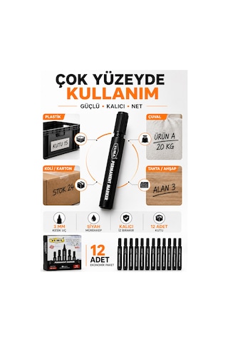 Mavi Permanent Marker Koli Kalemi 12 Li Paket 3 Mm Kesik Uç Siyah