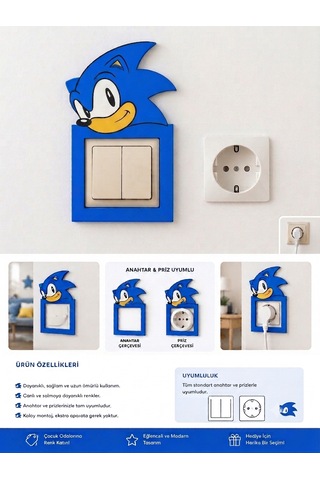 Sonic Anahtar & Priz Çerçevesi El Yapımı Işık Anahtarı Süsü Çocuk Odası Duvar Dekoru Dekoratif Hediye 001