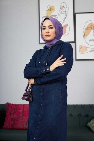 Neways 6509-denim Kapşonlu Ferace Lacivert Lacivert