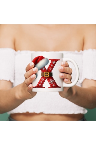 X Harfi Yılbaşı Temalı Bardak 330 Ml Harfli Kişiye Özel Hediye - Yeniyıl / Noel Şapka Tasarım Beyaz