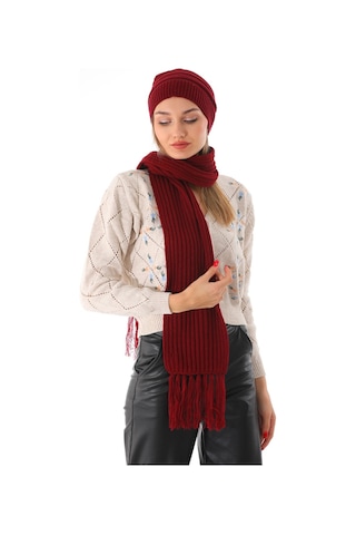 Kadın Ipli Bere Bordo Selanik Örgü Atkı Takım Bordo