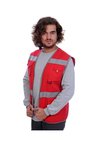 Çok Cepli Alet Yelek Kırmızı / Gri Reflektörlü