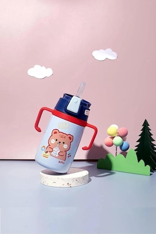 Rovco 400ml Silikon Pipetli Sevimli Ayıcıklı Boyun Askılı Bebek Kulplu Paslanmaz Çelik Termos Lacivert Genel
