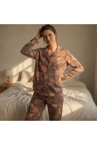 Bonbon Kadın Giyim Önden Düğmeli Baskılı Pijama Takımı Bb2671 Çok Renkli