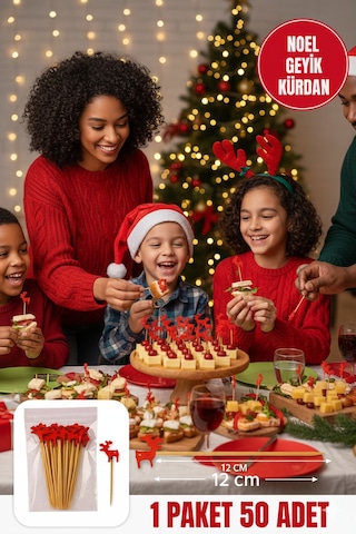 Yılbaşı Geyiği Kürdan 12 Cm 50 Li Paket Tatlı, Kanepe, Pasta Süsleme Yılbaşı Parti Kürdanı
