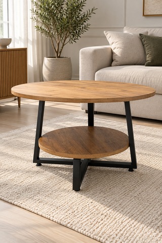 Yuvarlak Orta Sehpa 69,5 Cm İki Katlı Raflı Metal Ayaklı Modern Dekoratif Salon Sehpası Çam