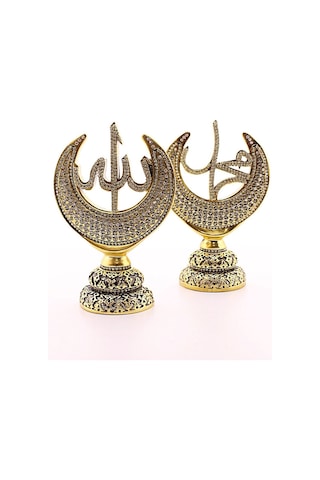 Orta Boy Biblo 20 Cm Hilal 2'li Gold Allah Muhammed Polyester Üzerine Metal Kaplama Biblo