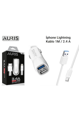 Auris Cr02 İphone Kablolu Araç Şarj Cihazı Set Oto Çakmaklık 3.4a